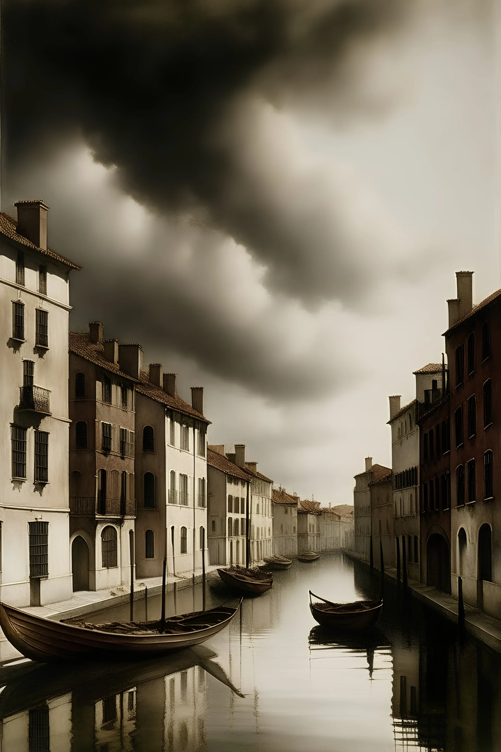 a painting of a canal with boats in it and buildings in the background with a cloudy sky above it, Canaletto, matte painting, a detailed matte painting, modern european ink painting