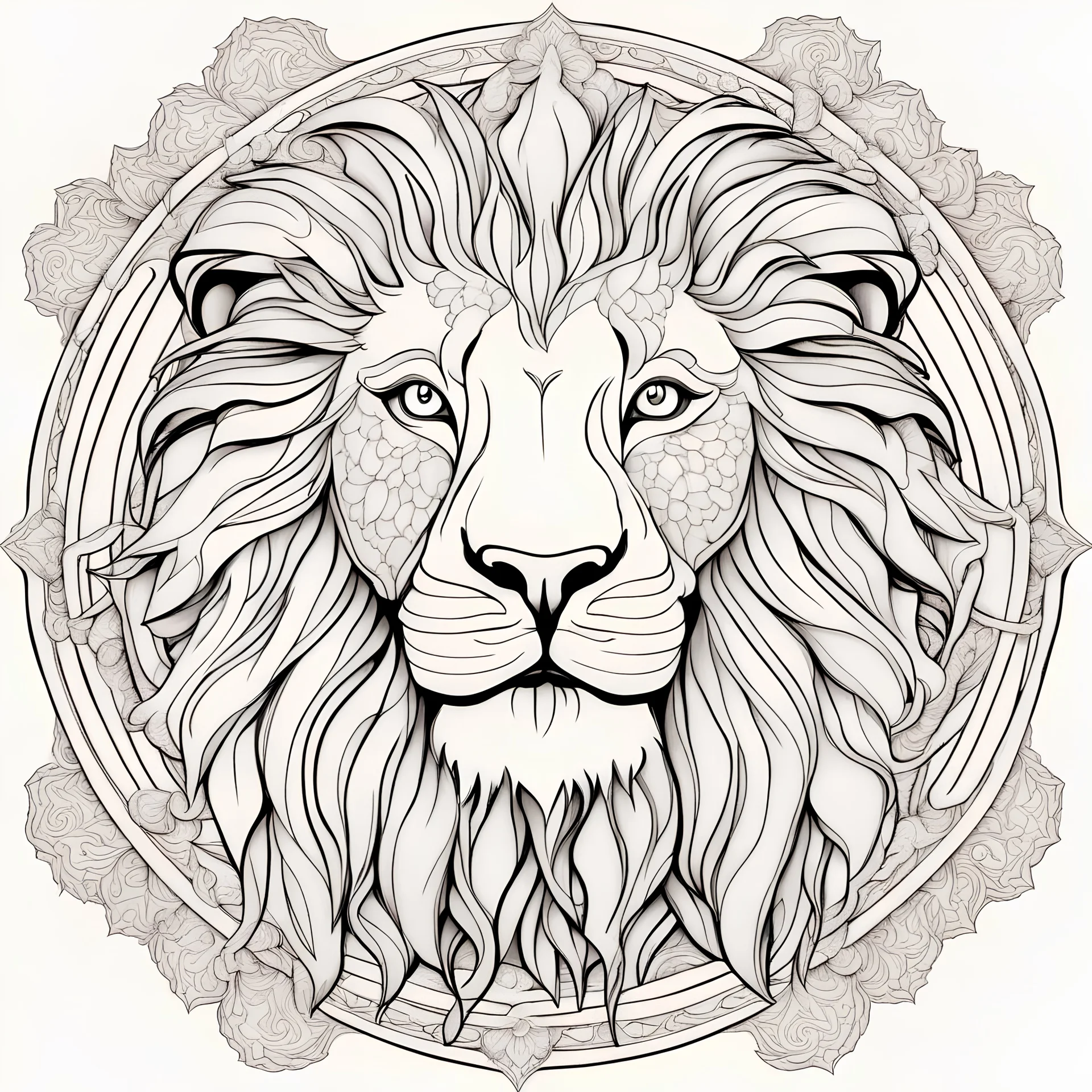 outline art, coloring pages, white Background, Black line, sketch style, only use outline, mandala stile, clean line art, white background, no shadow and clear and well, mandala ANGLRY LION,