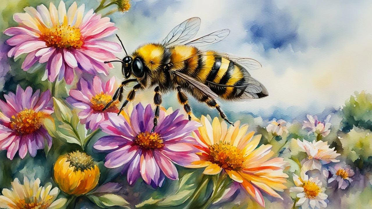 watercolor, impressionism, byzantine alcohol oil painting of a village, bee on a flower close up, 32k resolution, hyper detail, fine details, fine rendering, airbrush strokes, 8k concept art, hyper detail, intricate detail