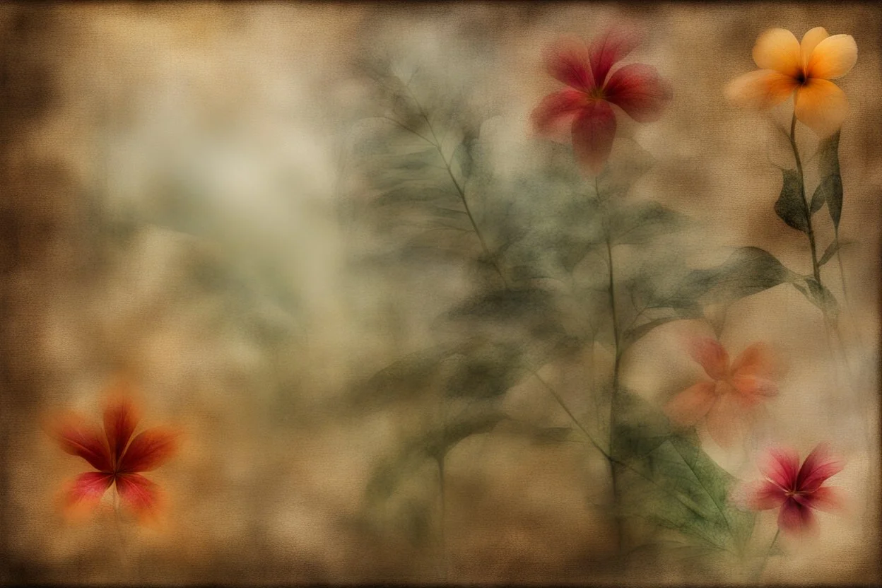 flowers, blur 5%, double exposure, merged layers, in the first part (near to us) of the picture you can see a plain sandblown smoked glass, engraved with a folk art pattern, the glass is cracked in several places, in some places the glass is broken, crumpled burlap, through it you can see a tropical rainforest with a waterfall, mist, tooth, sunrise