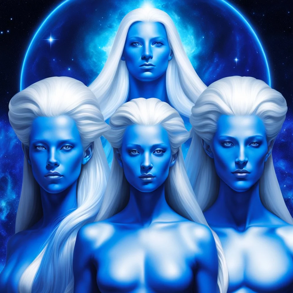 groupe de plusieurs pleiadiens mâles et fememelles souriants à peau bleue et à long cheveux blancs