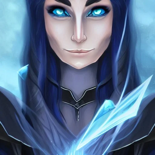 dungeons and dragons character, female half-elven sorcerer wearing a dark blue dress with long black hair, dark blue eyes, and mysterious facial expression, smiling, beautiful, close-up, realistic