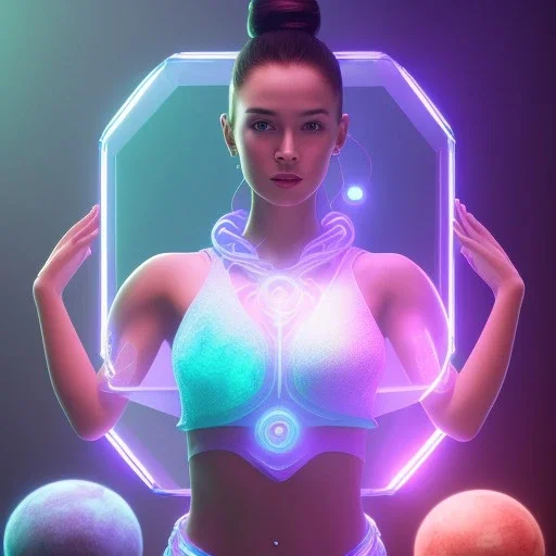 swirl, upper body of young female yoga master holding up a glass shield, power surge , maze background , levitated lab equipment, 4k, Highly Detailed, perfect eyes, Digital Illustration, Cinematic Lighting, Realistic, Sharp Focus, Centered, Beautifully Lit, Bioluminescent by Stanley Artgerm Lau