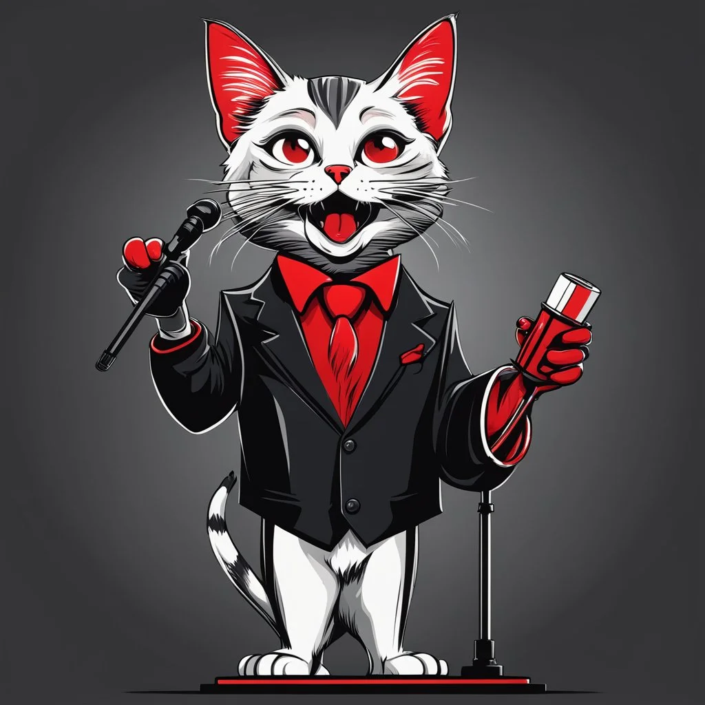 Ilustración vectorial de un gato antropomorfico hablando en un atril con micrófono, colores negro, blanco y rojo, fondo negro