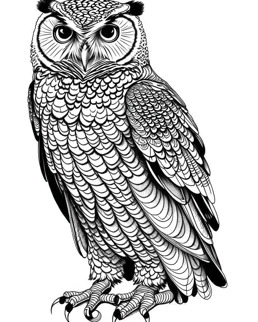 real massive Owl, coloring page, full body (((((white background))))), only use an outline., real style, line art, white color, clean line art, white background, Sketch style