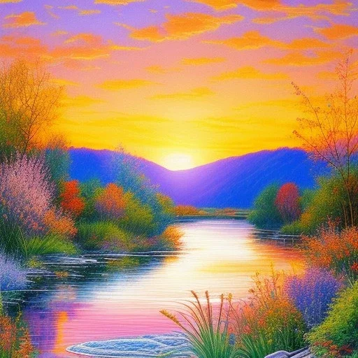 blue and transparent river, cristal flowers, sunset, delicate flowers