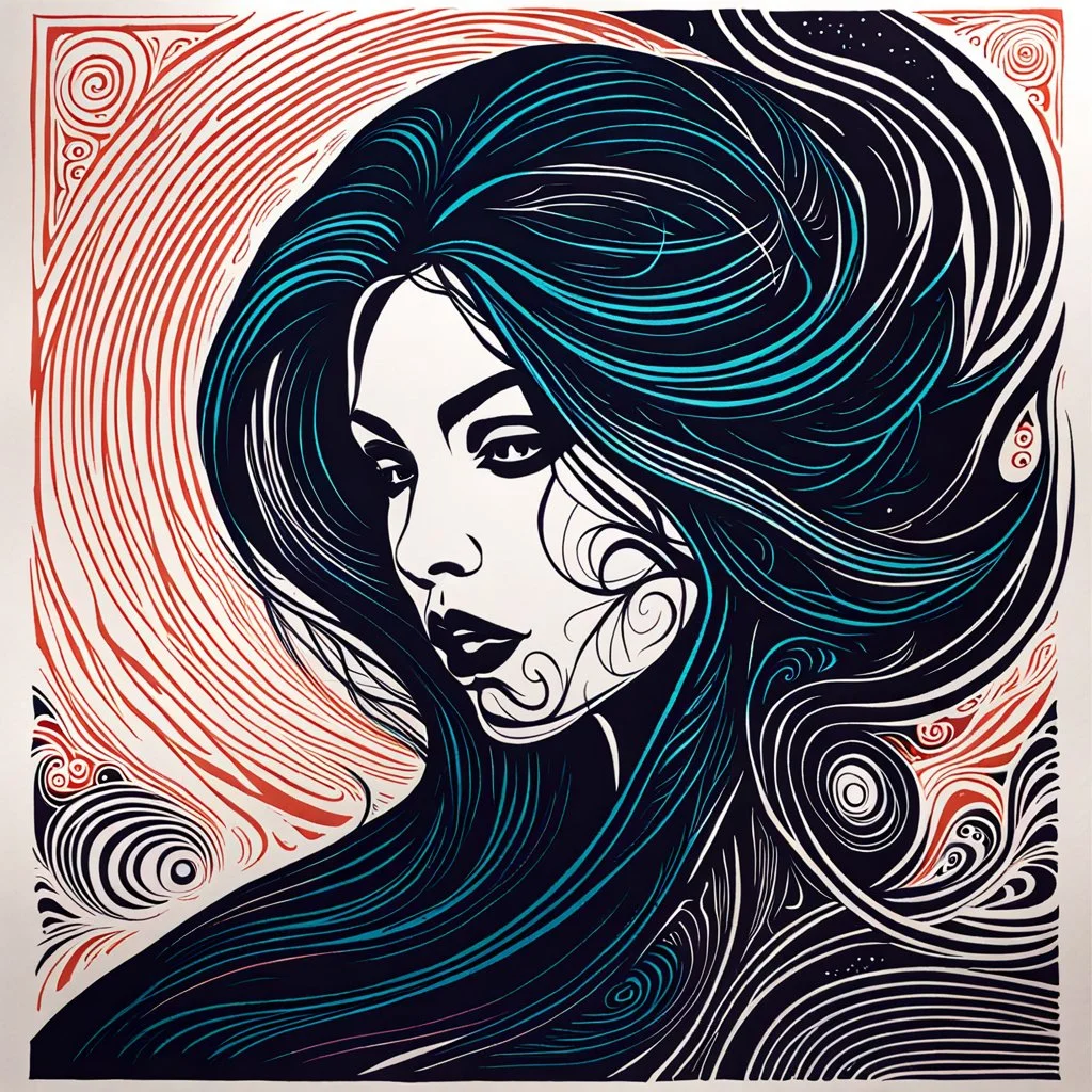 create an imaginative, highly abstract woodcut of an ethereal, otherworldly seductive ancient female Lasombra vampire , in the style of Gabriela Jolowicz