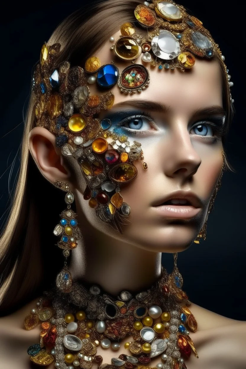 portrait of a beautiful woman made of gems and metals