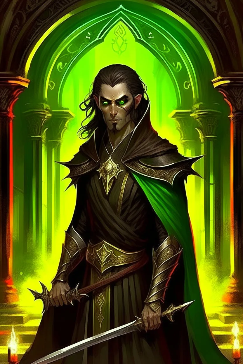 full length, mantle, background dark hall with columns, black cloth, holding a spear in his hand, dark green eyes, the character is not too close to the camera