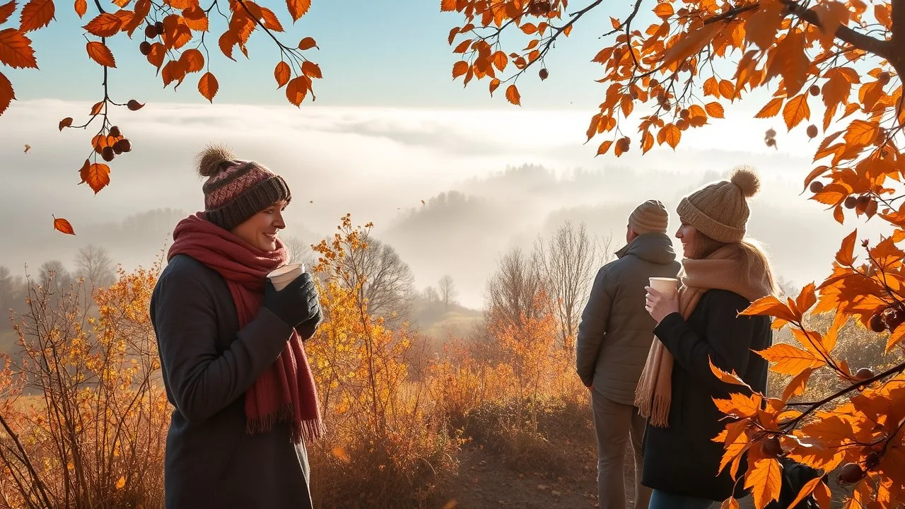 Autumn: falling leaves, Misty mornings, fog over distant fields or forests, sunshine; people wearing scarves, woolly hats, gloves, holding steaming hot drinks; chestnuts, acorns, berries, rowan, holly, mistletoe, birds migrating, squirrels gathering nuts, rabbits, beautiful colours, atmospheric. Award winning photograph.