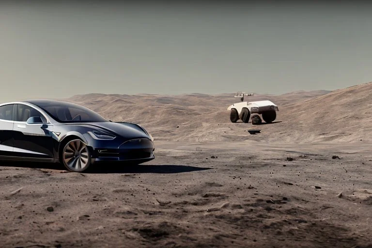 A Tesla 'Model S' is drifting at high speeds, at the lunar landing site of the 'Apollo 11'. (CINEMATIC, WIDE ANGLE LENS, PHOTO REAL)