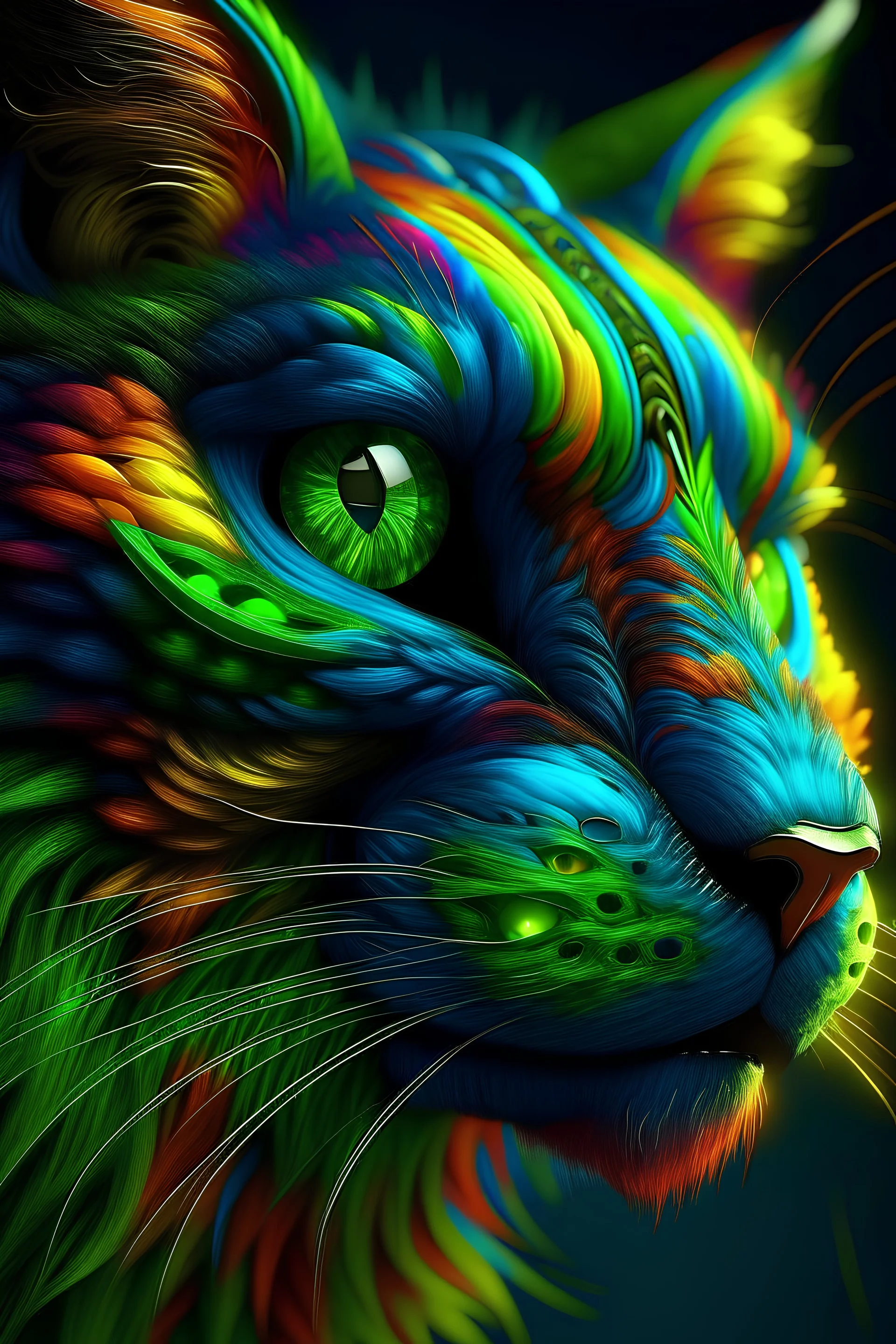 Alien brightly colored fur/skin, with swirls of vibrant and contrasting hues. Their eyes are large, metallic shackles