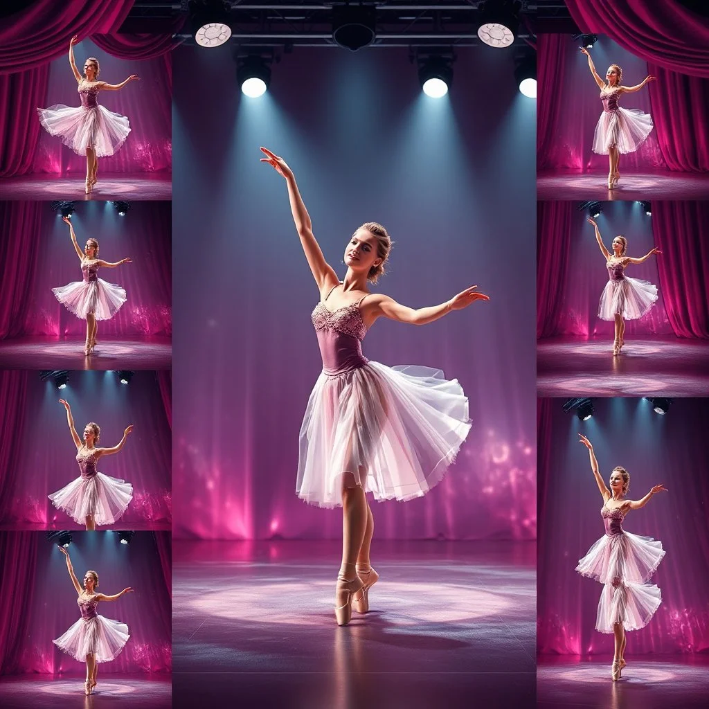 create storyboard of 9 images of a beautiful balerina in pretty clothing in a modern cifi stage in her performance cinamatic lights .