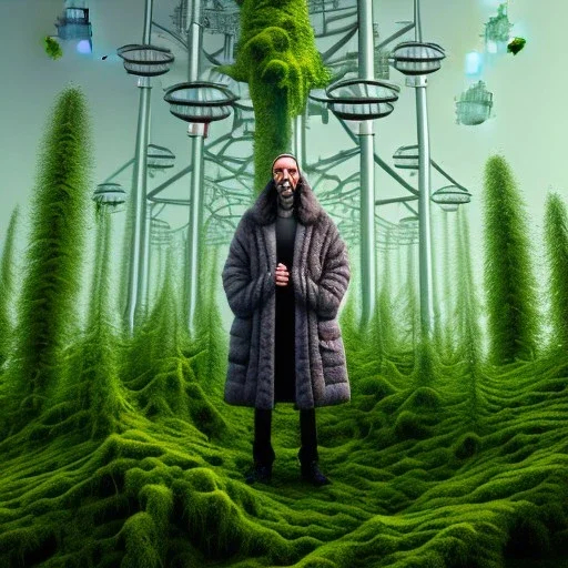 portrait of holy scientist in coat ,cell towers overgrown with moss, trees and vegetation, spray paint art, book illustration, 4k, high detail