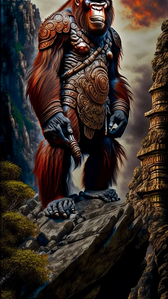 Orangutan Assassin Gothic symmetrical design standing on the edge of a cliff frontal view full body full arms full legs full head full hyper-detailed hyper-realistic ink art full legs 8k