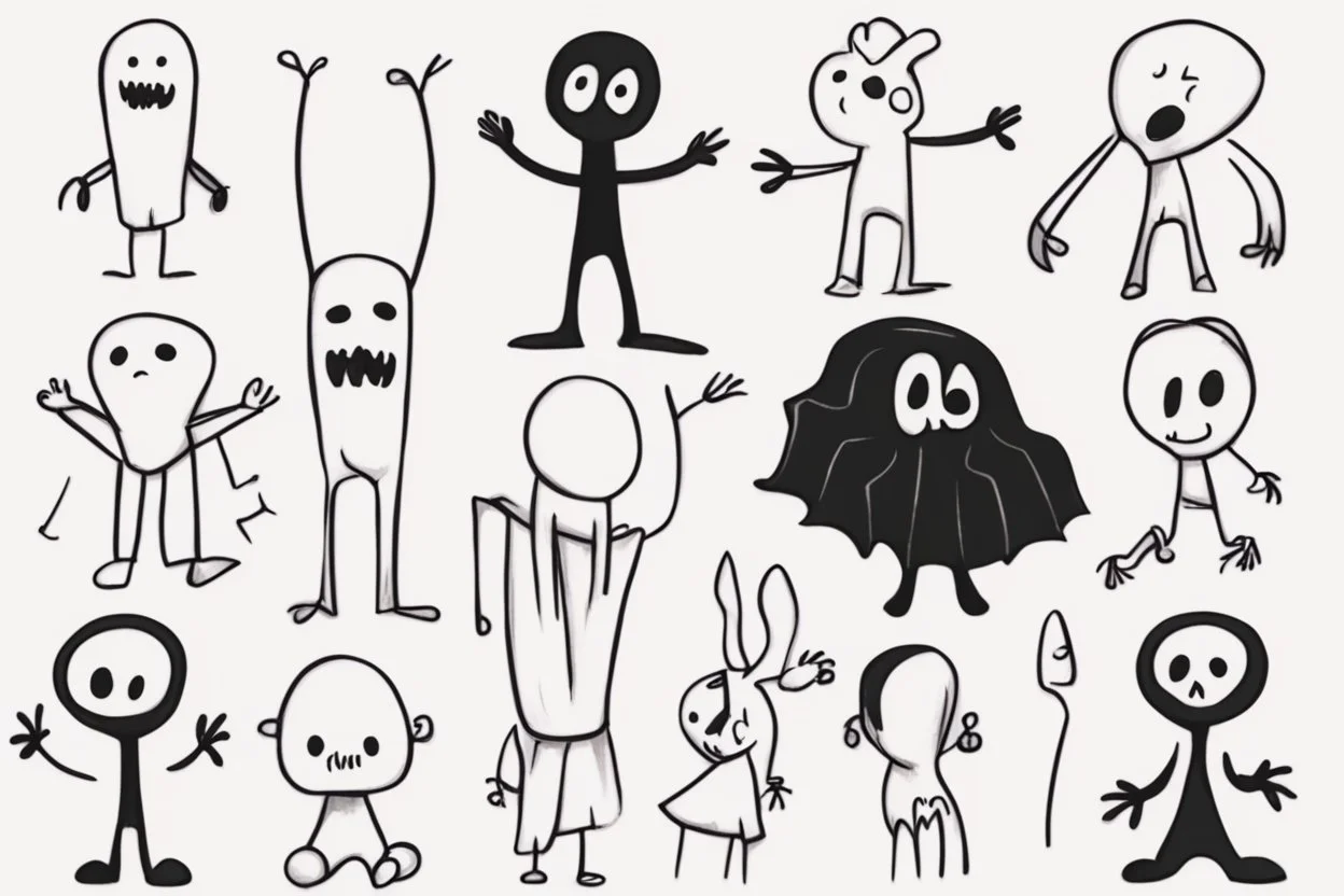 make a bunch of simple hand-drawn spooky and cute cartoon characters with bodies arms, and legs I could draw and make them all different