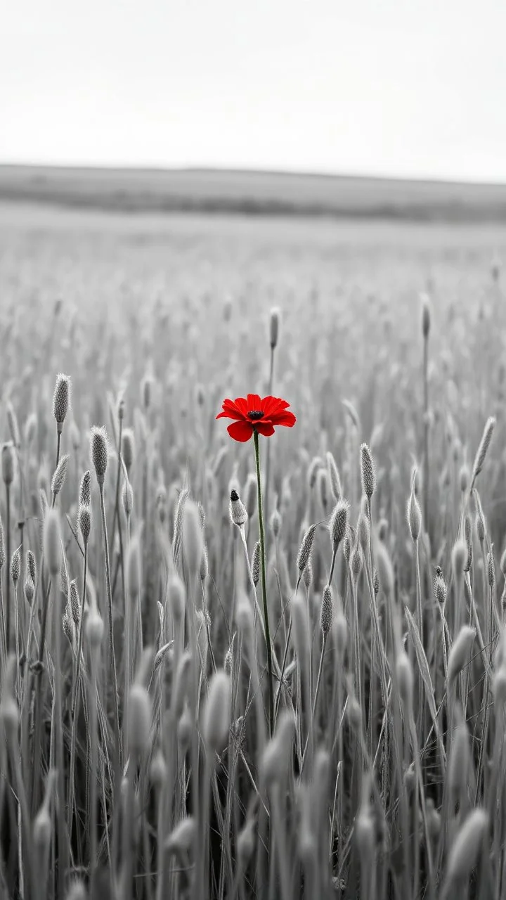 All in black and white picture of A field of barely , in the middle a red flower standing alone