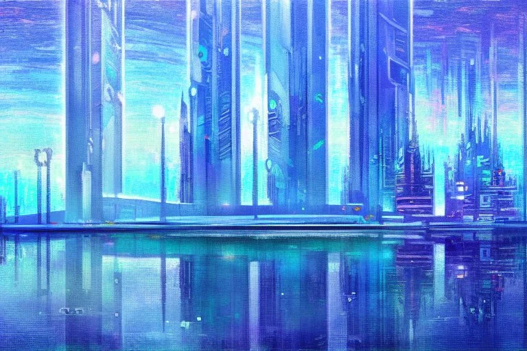 Futuristic cyberpunk buildings, frozen lake, impressionism painting