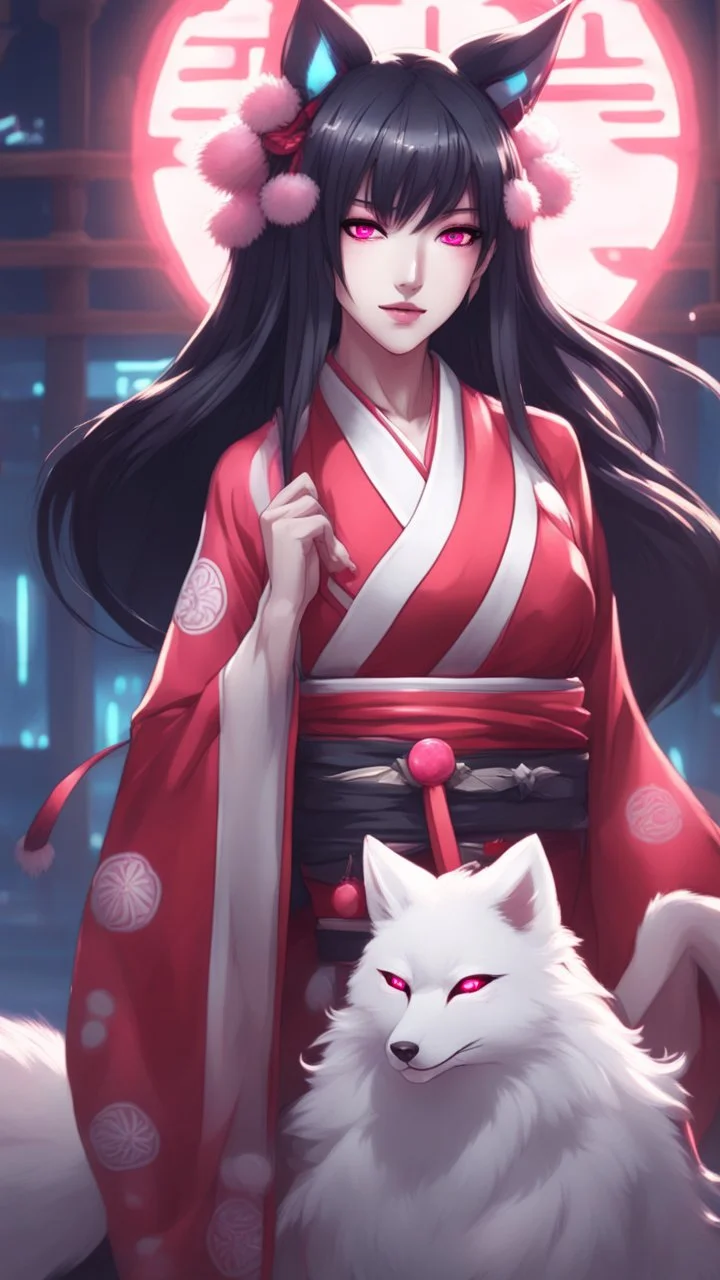 A close hot picture of Ahri with black hair and Japanese Clothes and nine White fox tail with neon glowing in fantasy world