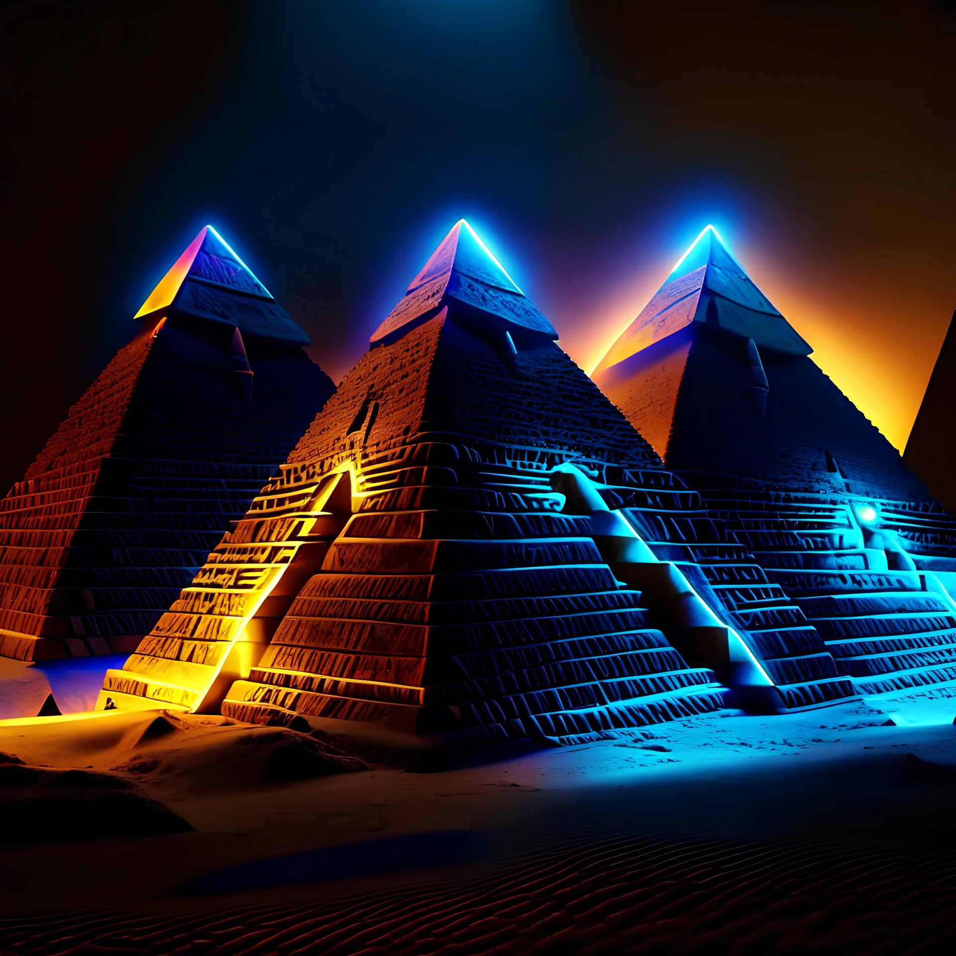 the Egyptian 3 pyramids,4k,from 40 thousands years ago in high technology like new as was in that time,unreal lighting, volumetric lighting, high contrasts, sharp focus, stained glass art, neon glowing lights.