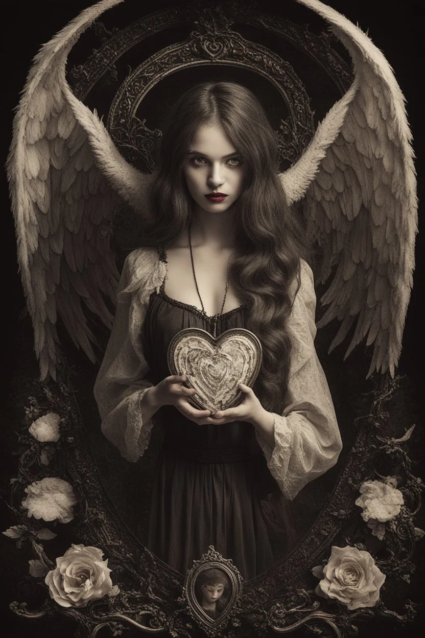 Wizard vintage girl with heart in her hands, half demon and half angel, dark tones half and high lighting half,