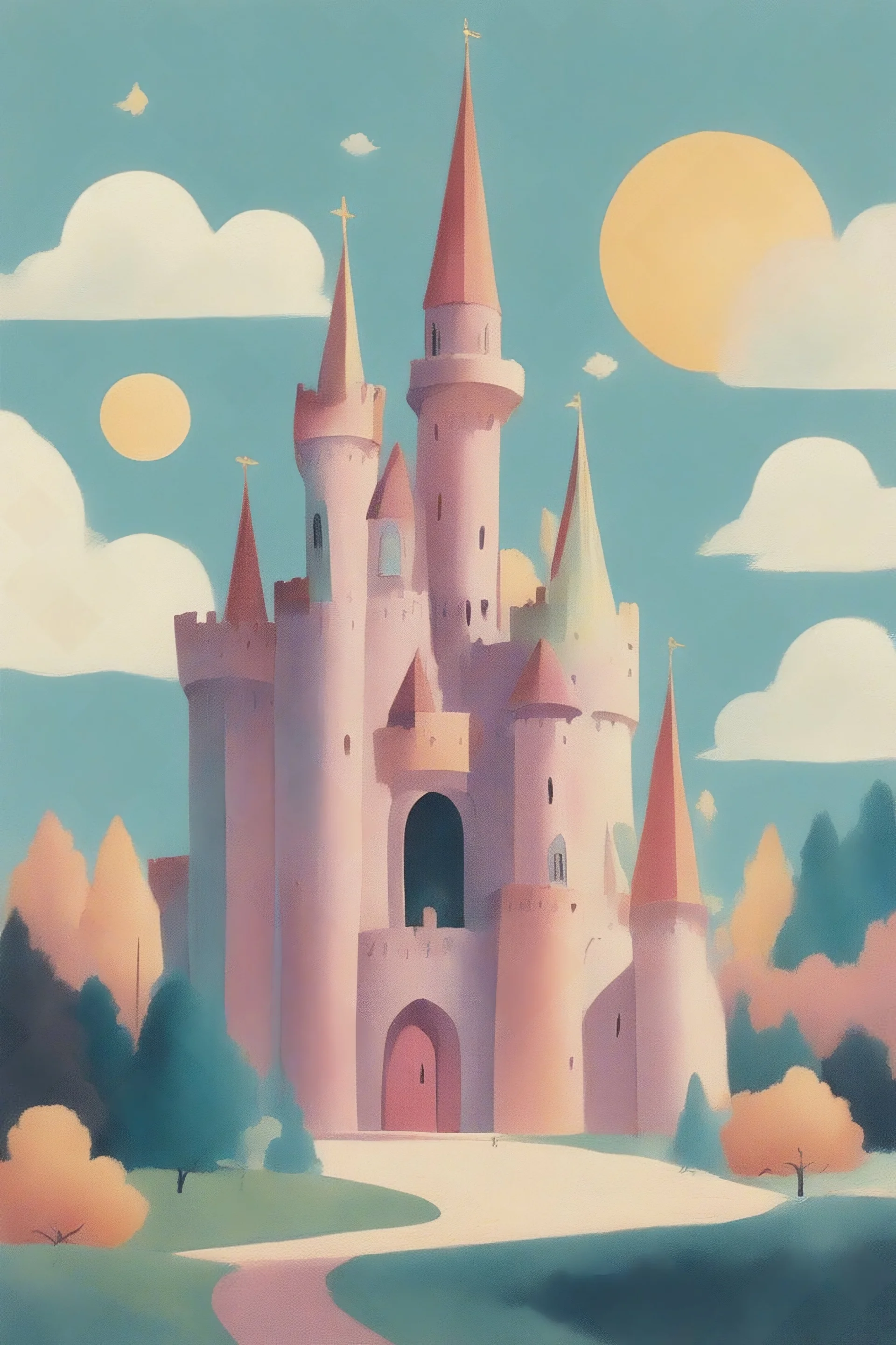 1950s illustration of a shiny castle with a princess, style of mary blair, pastel colors