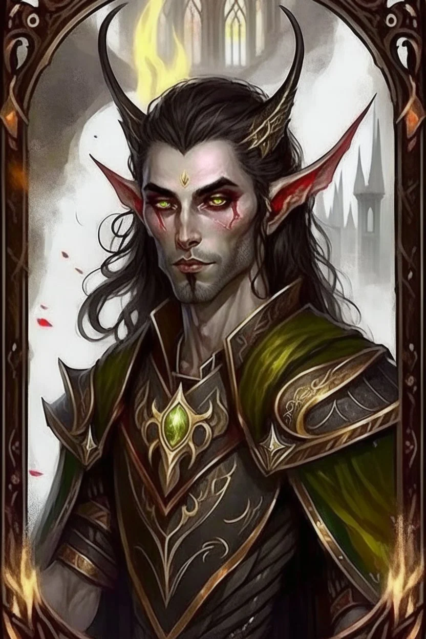 Sits on the throne, full length, mantle, black cloth, dark green eyes, holding a long spear with his left hand, human skin,