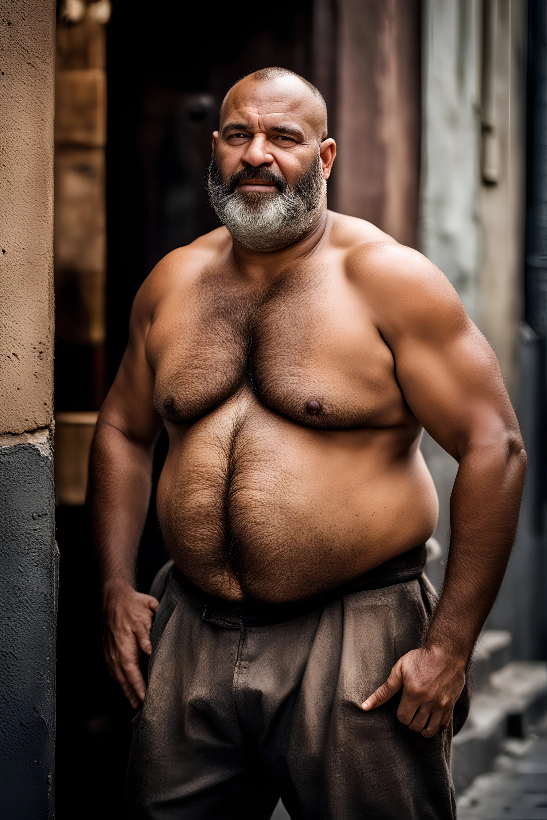 close up photography of an ugly 40 year old stocky big robust burly marocan giant, wearing his work pants, shirtless, leaning with his back on the wall, crossing arms, dirty, sweat, wet, ajar mouth, hairy chest, , very virile, short beard, shaved hair,, , in a sunny street, photorealistic , frontal view from the ground