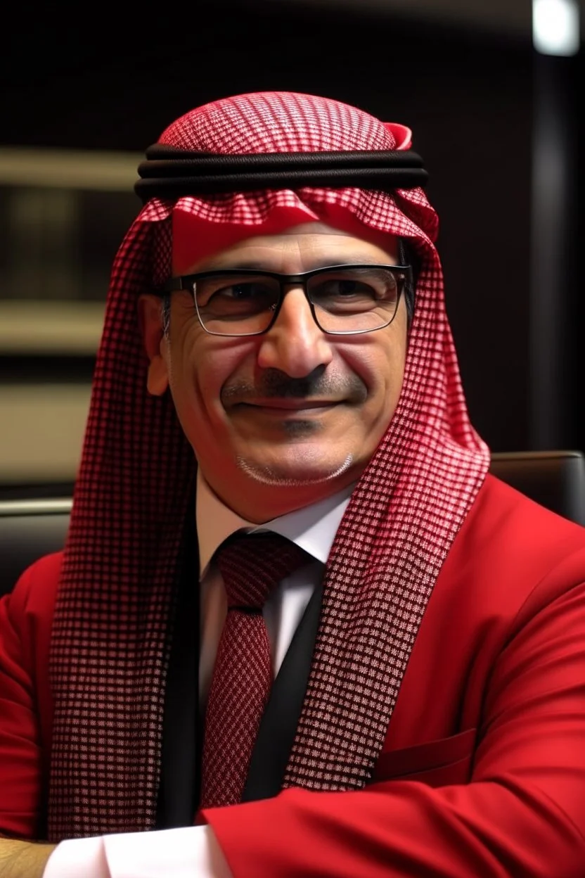 A Saudi lawyer wearing a modern red Saudi shemagh and headband law