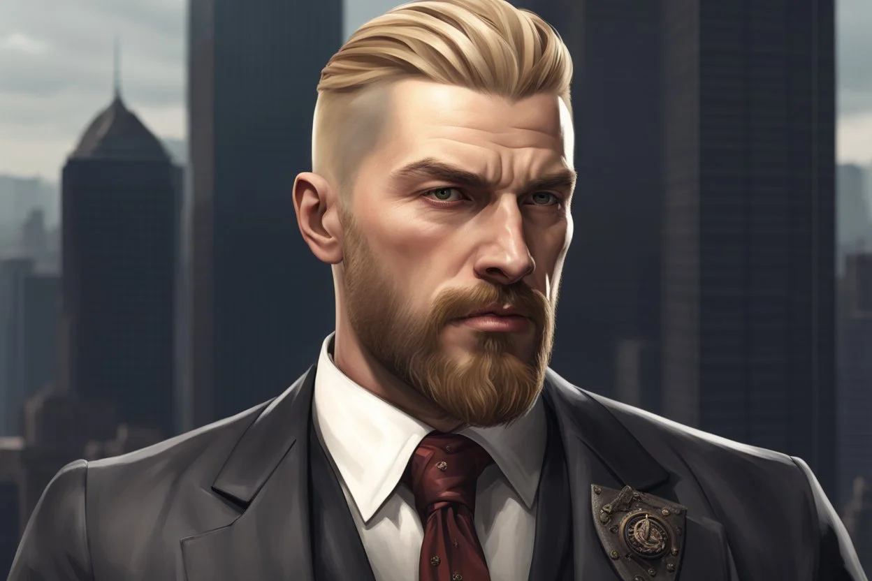 photorealistic portait of henry cavell as mercenary with long blonde hair undercut tattoo on neck smartly trimmed goatee wearing smart suit cityscape