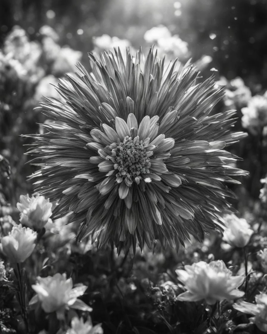 Atomic explosion made of flowers, ULTRA REALISTIC, B&W Photograph, cinematic, cinematic shot, dynamic composition, details, intricate detail, professional lighting, film lighting, 35mm, anamorphic, lightroom, cinematography, bokeh, lens flare, film grain, hdr10, 8k, Roger Deakins, incredibly detailed, reflect, sharpen