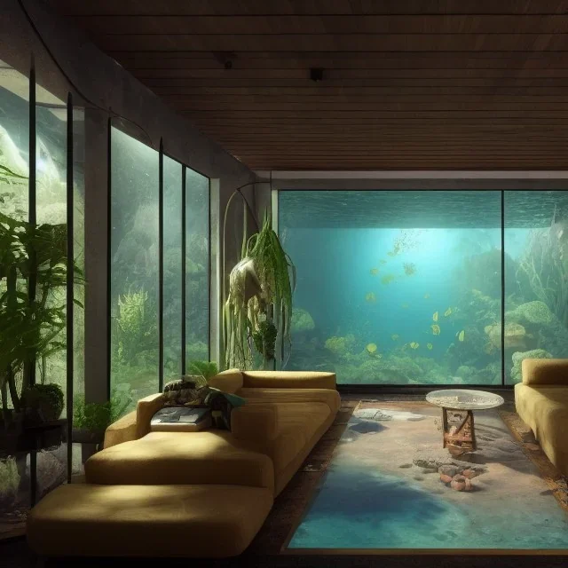 a gorgeous, stunning underwater livingroom with paned glass wall, dark wood floor, plants, stones, sofa and chairs, 8k resolution, high-quality, fine-detail, digital art, detailed matte, volumetric lighting, illustration, 3D octane render, brian froud, howard lyon, selina french, anna dittmann, annie stokes, lisa parker, greg rutowski, George Grie, Ben Goossens, Igor Morski