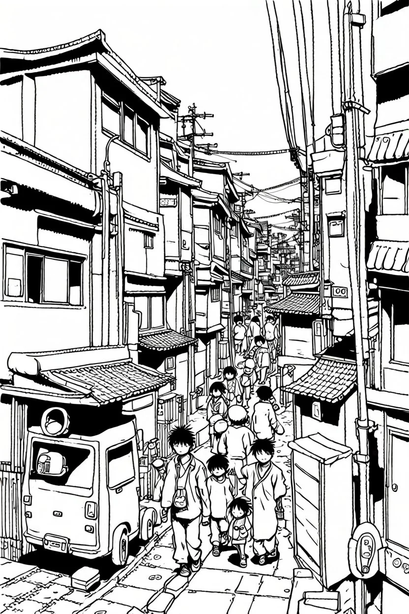 Poor neighborhood Tokyo, line arts, manga style