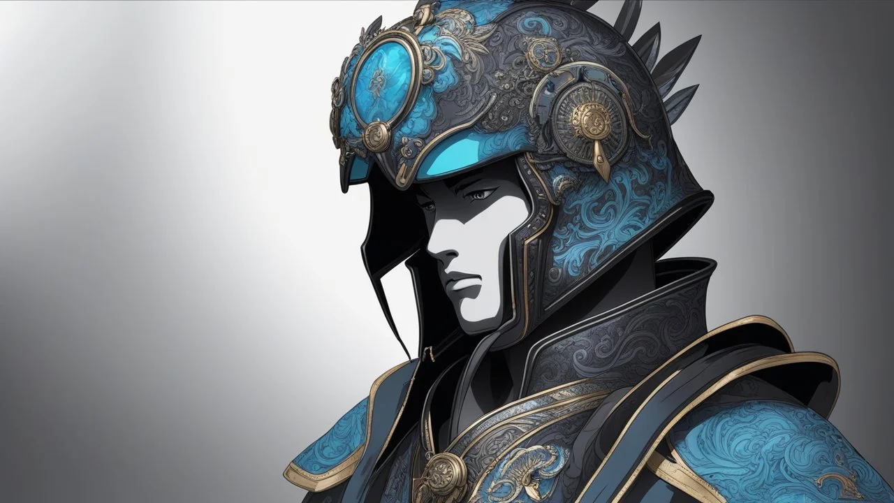 A man wears a black glass motor helmet and Chinese clothes , full helmet Class, black and blue color, solo leveling shadow drawing style, neon, intricate details, highly detailed, high details, detailed portrait, masterpiece,ultra detailed, ultra quality