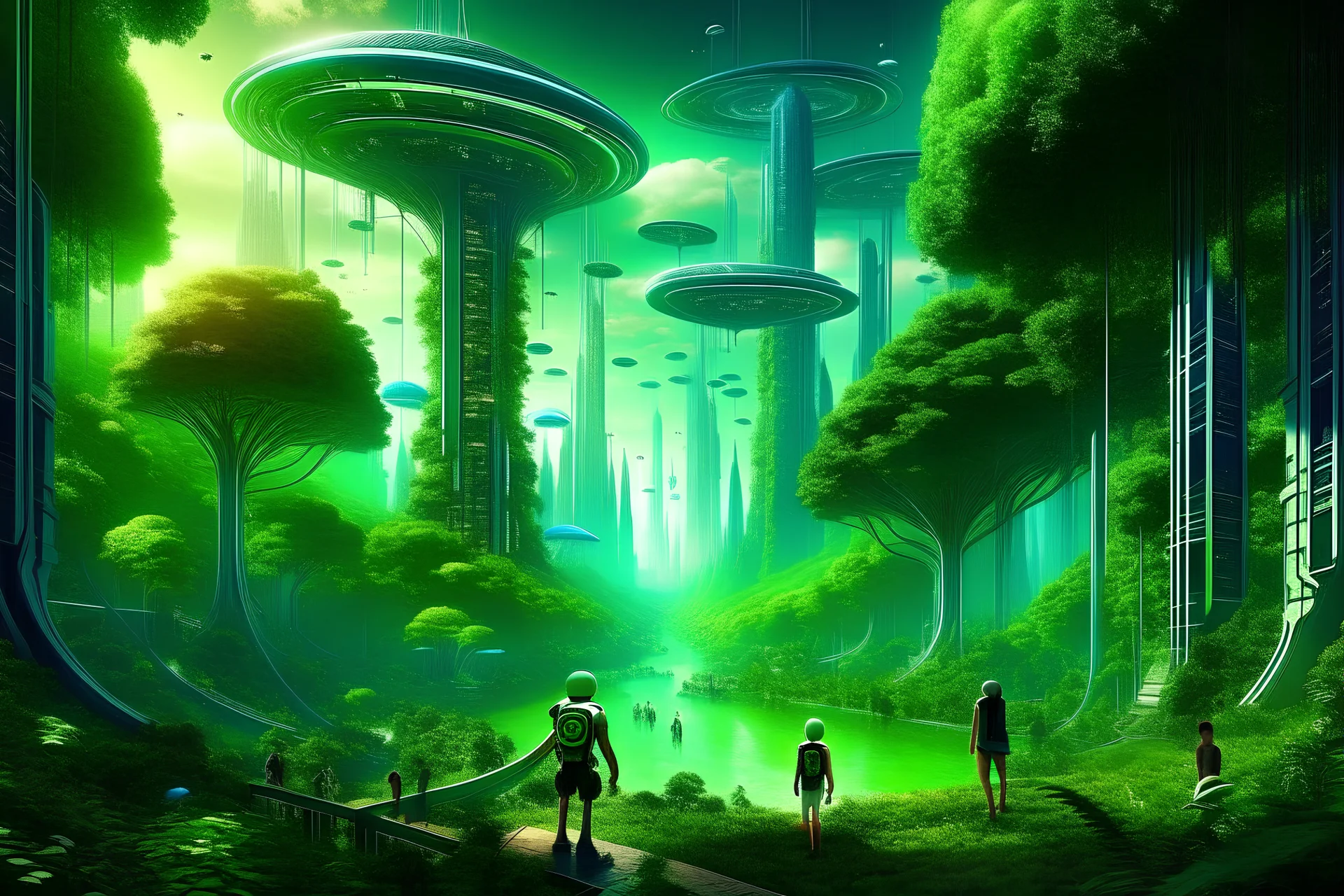 magical world of the future, city of the future, happy people, green forest, spaceships