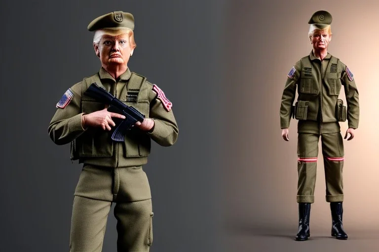 G.I. Joe doll soldier Donald Trump, gun,boots, helm, Trump facial detail,trump, beret