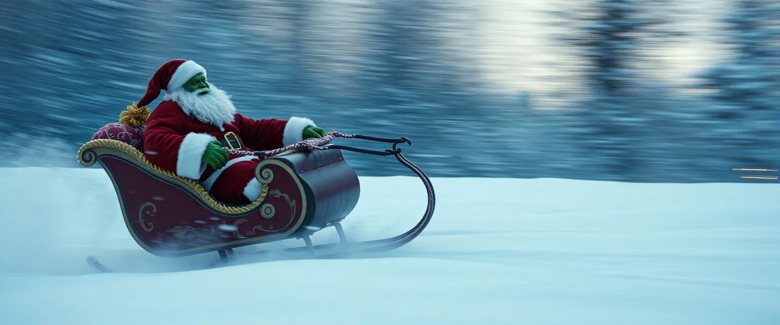 santa beast motion blur background in sleigh and snow storm pulled by the hulk