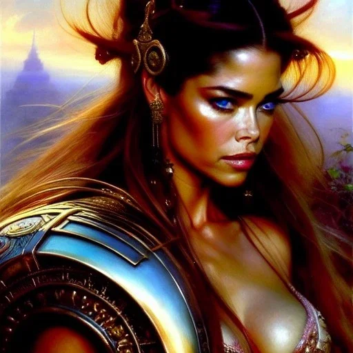 portrait beautiful face Denise Richards, busty,ancient metal armor balanciaga fashion clothe painting by gaston bussiere, greg rutkowski, yoji shinkawa, yoshitaka amano, tsutomu nihei, donato giancola, tim hildebrandt, oil on canvas, cinematic composition, extreme detail,fit full head inside picture,16k