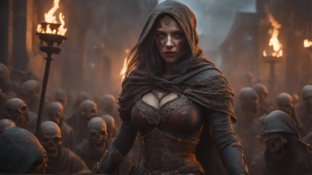 a female sorcerer leading an army of rotting zombies through burning medieval city. fantasy setting. armor melted into the skin. blood. intense horror. blind terror. scared to death. a masterpiece, fantasy concept art, dynamic lighting, hyperdetailed, intricately detailed, deep color, Unreal Engine, volumetric lighting, Epic cinematic brilliant stunning intricate meticulously detailed dramatic atmospheric maximalist digital matte painting