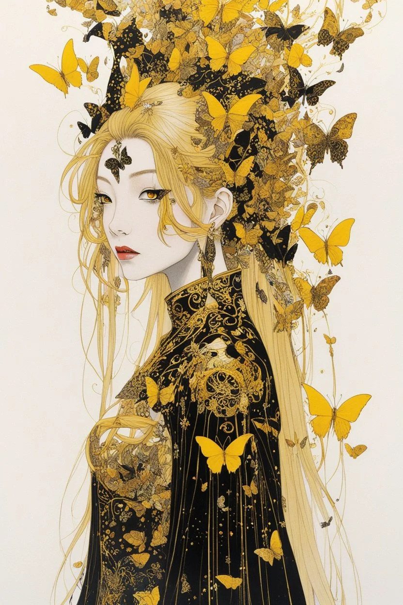 style of Yoshitaka Amano ~ Butterfly Empress, long huge flowing gold hair, yellow eyes. dressed in a cosmic gold plated Armor made of gold butterflies. standing in a room made of butterflies. surrealist. Shades of luminous black and yellow piercing shadow, reminiscent of Beuys and Qian Xuan.