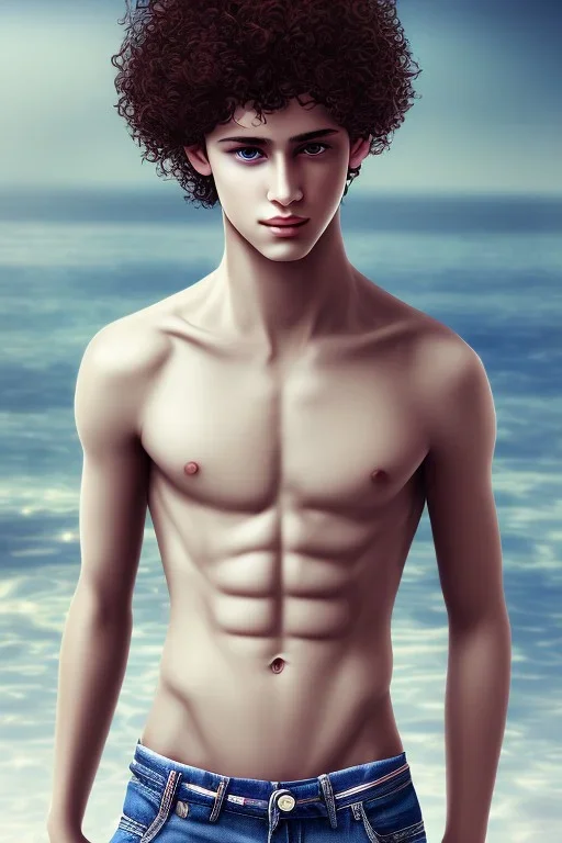 beautiful 12 year old arabic boy with curly hair and light blue eyes, shirtless