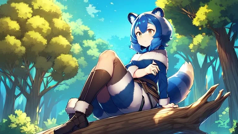 Girl, blue hair, raccoon ears, raccoon tail, raccoon face, forest, sit on tree, fur on hand