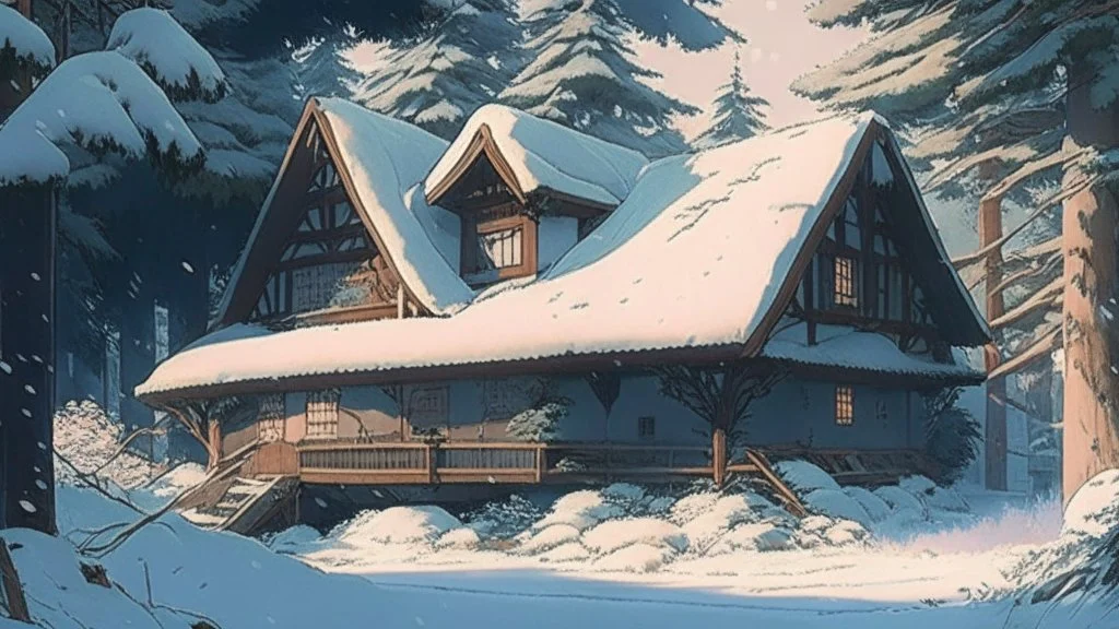 studio ghibli, a house, snow, woods,