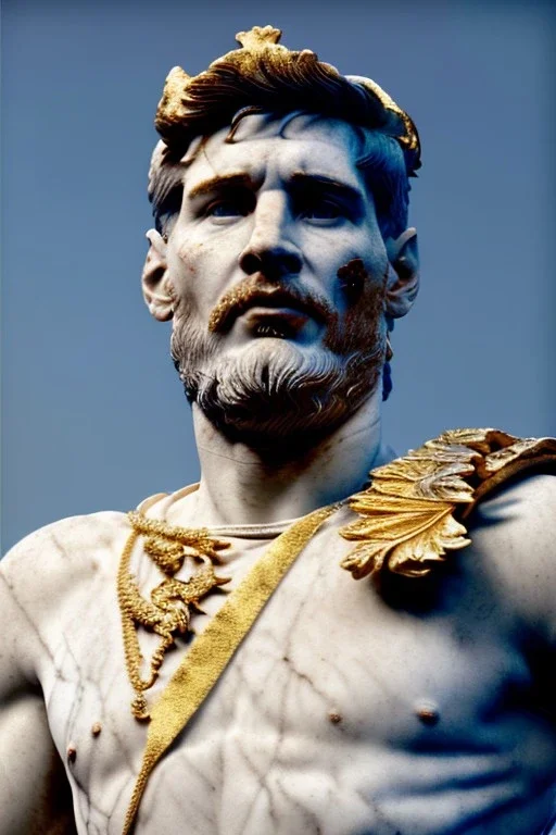 Realistic image, Roman sculpture made in white marble with gold veins, Lionel messi with gold laurel leaves crown, decorative star on the chest, waist up portrait, marble material, gold ornaments, Baroque style, sun rays background, epic, celestial, cinematic lighting, God lights, 4k resolution, smooth details, soft lighting, unreal engine 5, art station, substance 3d.