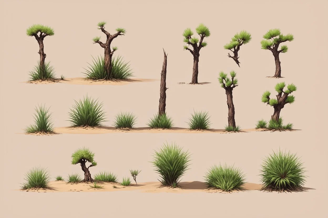 "Isolated concept art of multiple types of alien tree plant on a plain neutral background. Designed for Desert biome – dry, spiky, brittle grass with sharp edges, and pale dusty colors