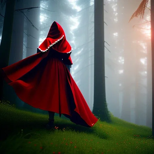 little red riding hood, by tim burton, cinematic lighting, Hyperrealism, 8k uhd, depth of field, photography, unreal engine, octane render, raytracing, cgi, lumen reflections, cgsociety, ultra realistic, volumetric fog, insanely detailed, intricate