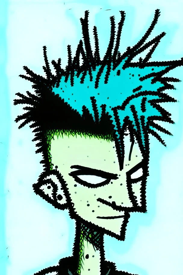 2d portrait drawing of a stickman, cool with punk hair, x eyes like hangman, close-up, side view bended looking into the camera, smiling,in colour