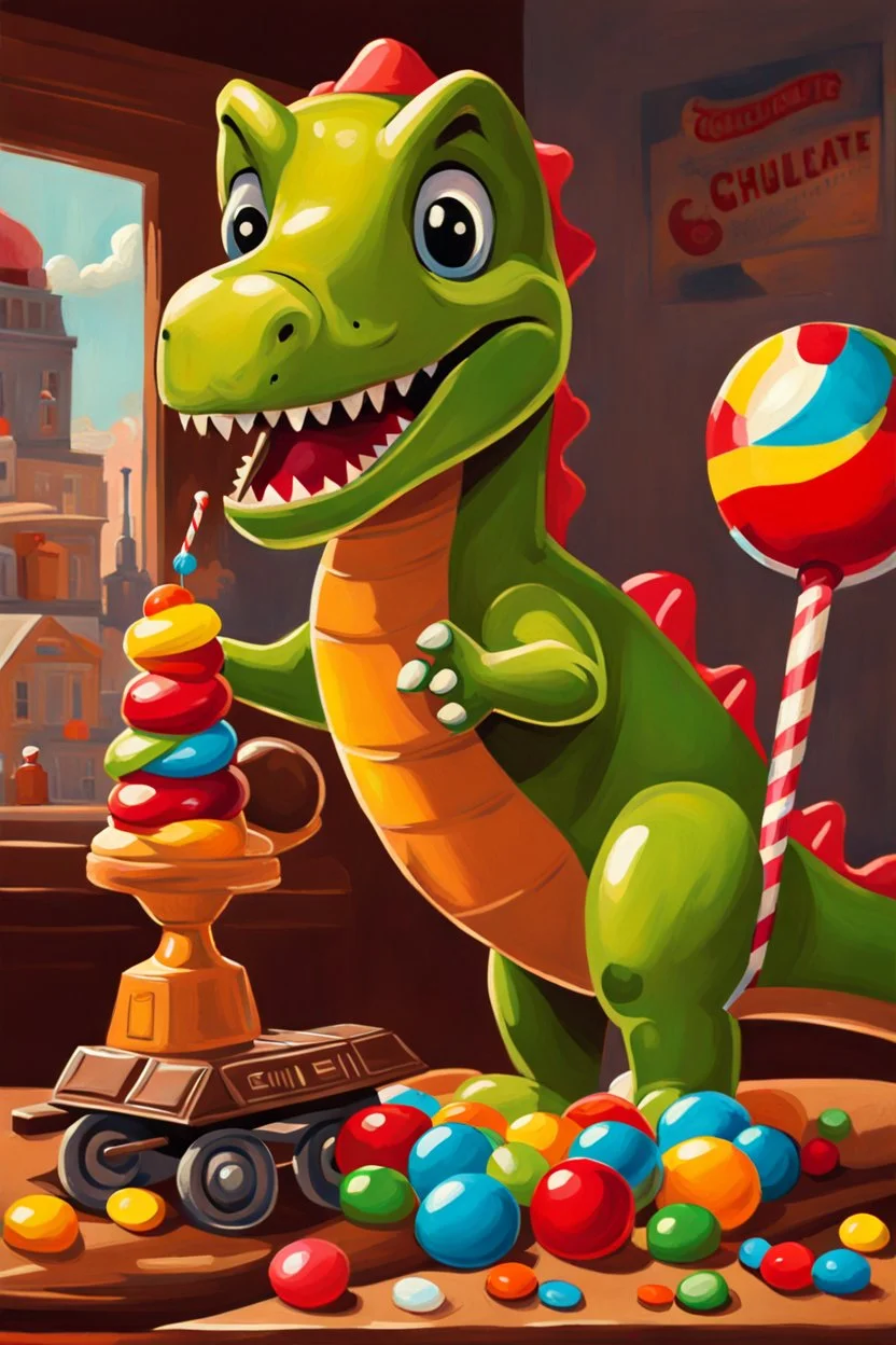 How about this: "Sweet Surprise at Playtime"? It's a still life painting featuring a toy dinosaur holding a giant lollipop like a trophy, while a toy robot sits beside it, offering a chocolate bar with a mischievous grin. In the background, a toy train chugs along, pulling a wagon filled with colorful candies. It's a delightful blend of childhood nostalgia and sugary treats, sure to bring a smile to anyone's face!