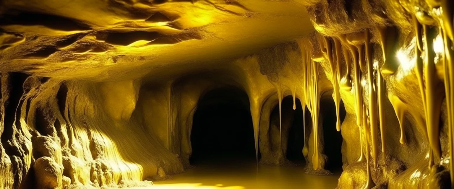 A golden melted cave designed in cave paintings painted by Salvador Dali