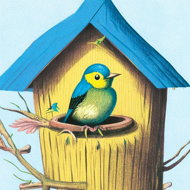 a color illustration of a bird sitting on a nest in a birdhouse.